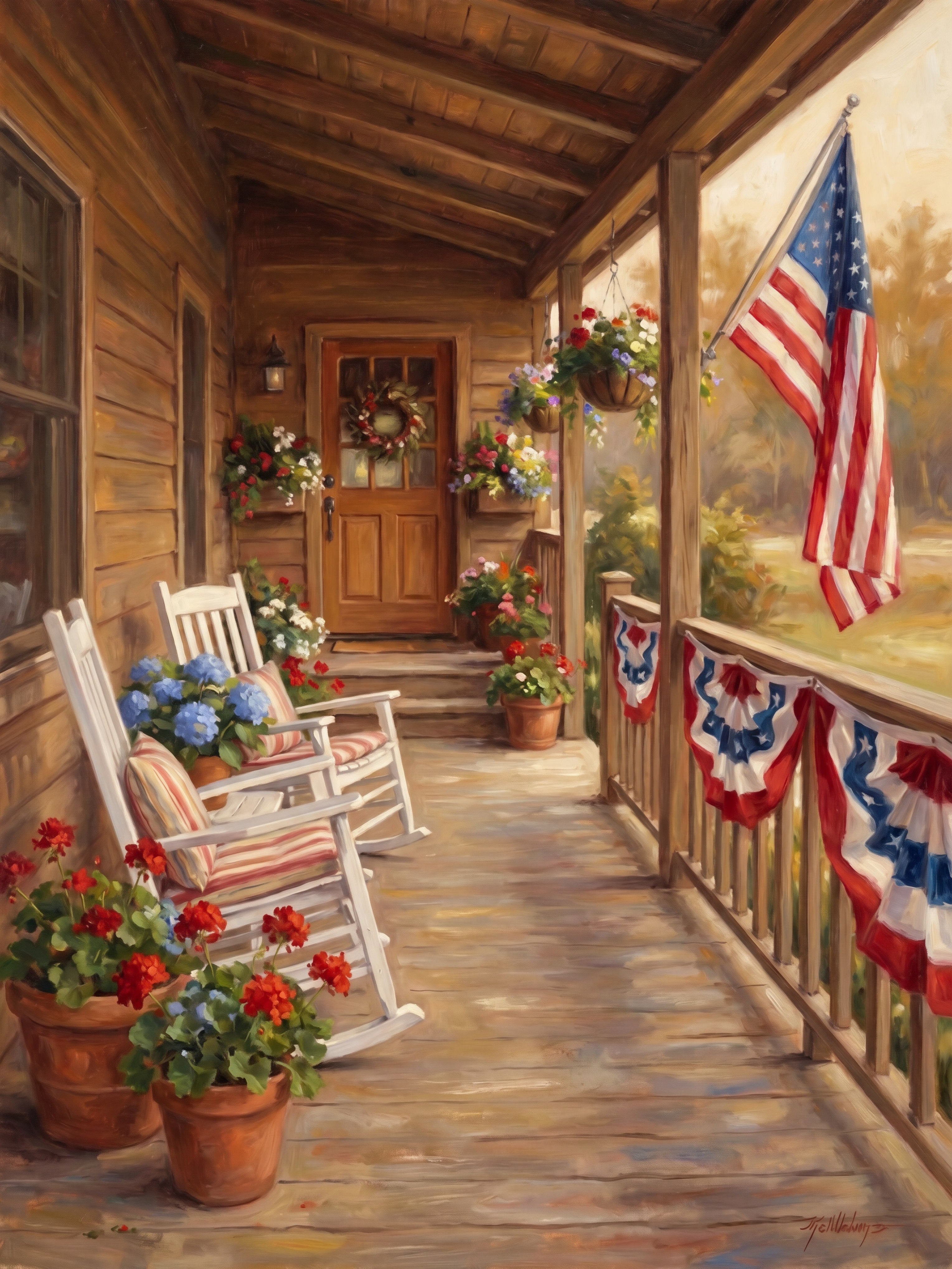 Flags on the Cabin Porch