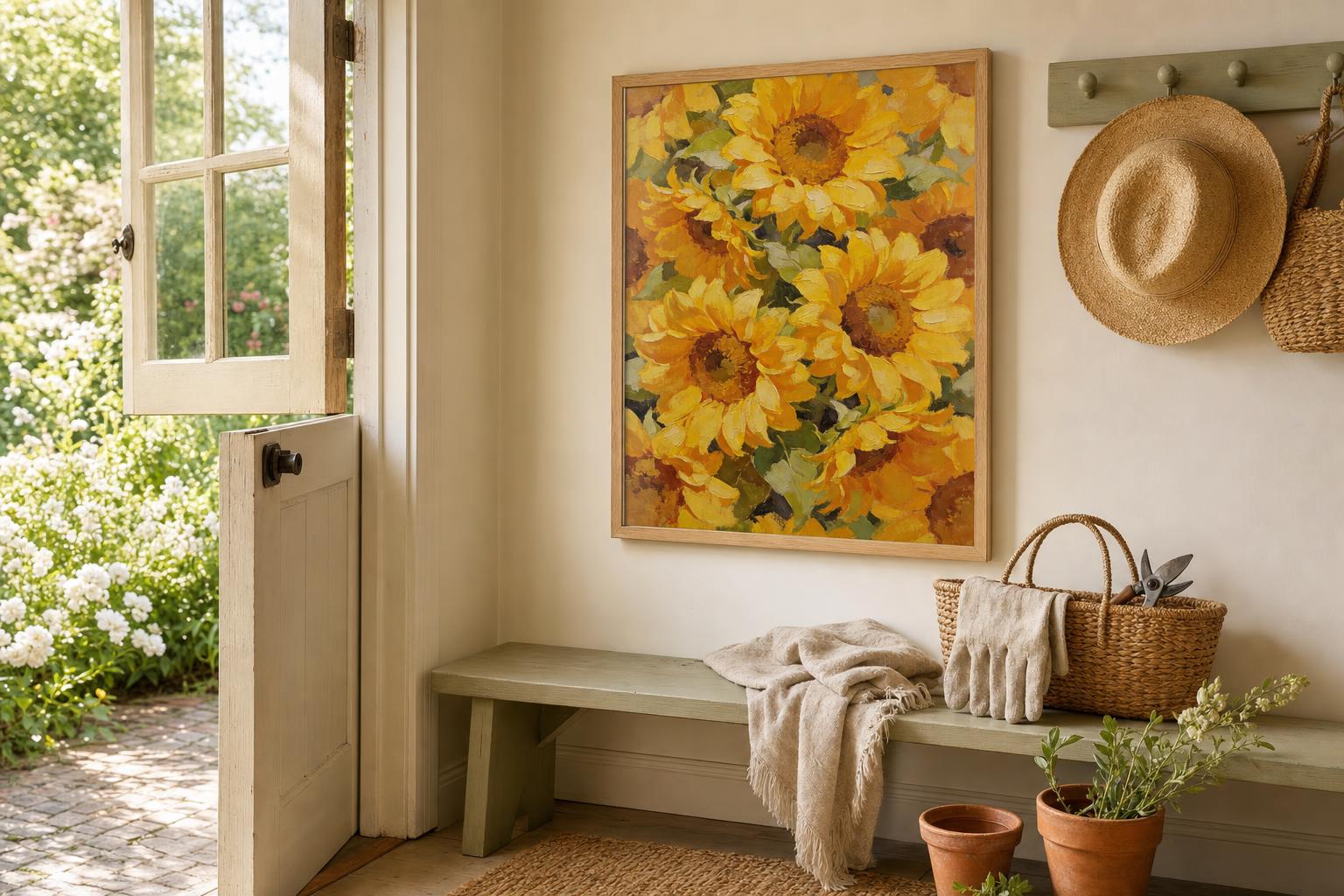Sun-Washed Petals I framed room mockup 3