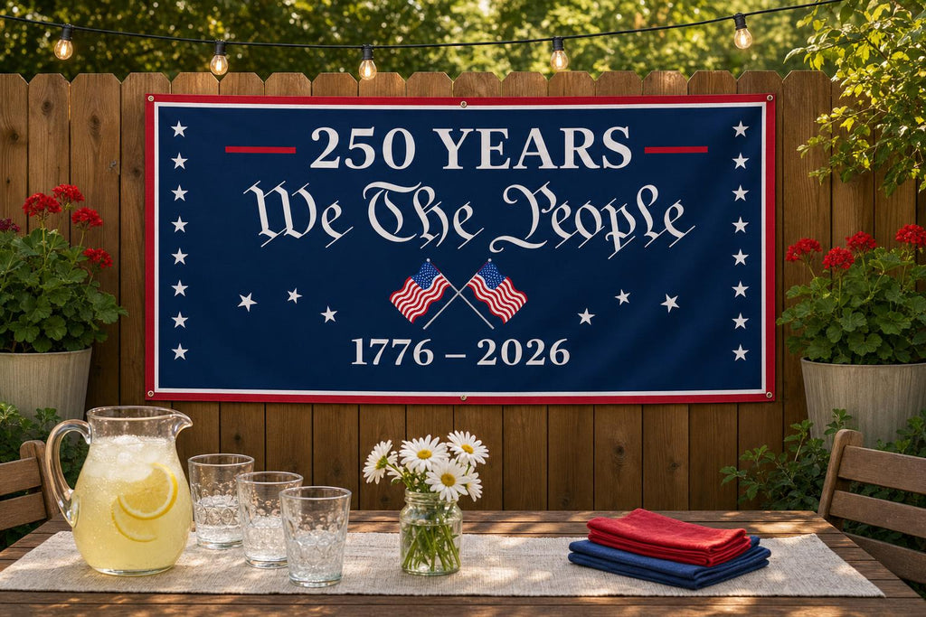 We the People: America 250 Banner framed room mockup 2
